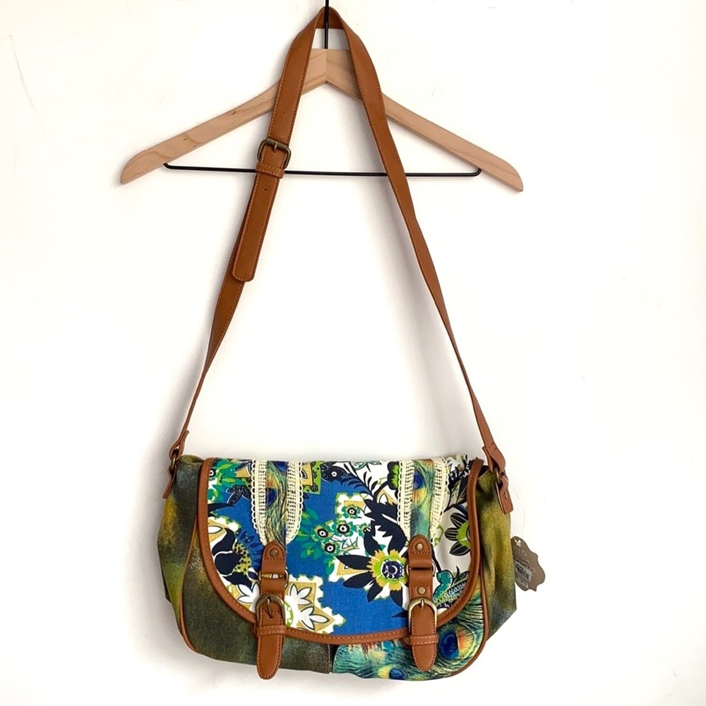 Coco + Carmen peacock &‎ floral fabric Satchel, NWT